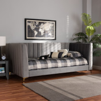 Baxton Studio CF0344-Light Grey Daybed-Twin Oksana Modern Contemporary Glam and Luxe Light Grey Velvet Fabric Upholstered and Gold Finished Twin Size Daybed